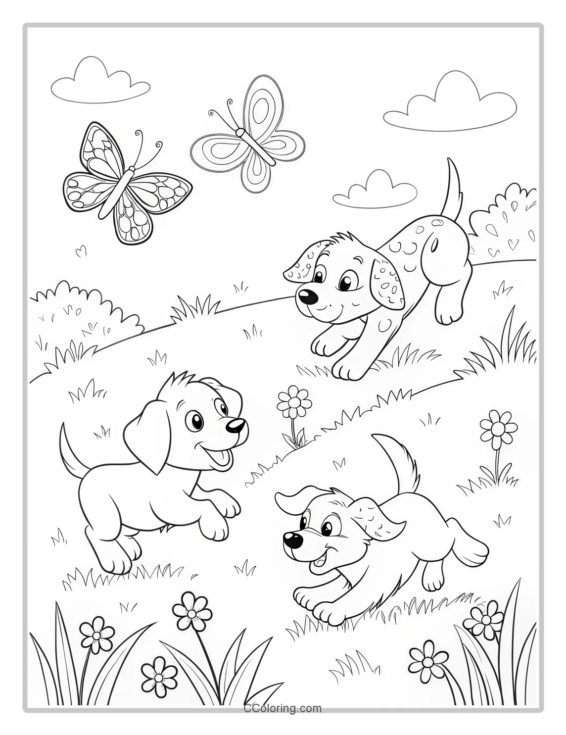 Puppies Coloring Pages Bold Outlines with Puppies Chasing Butterflies