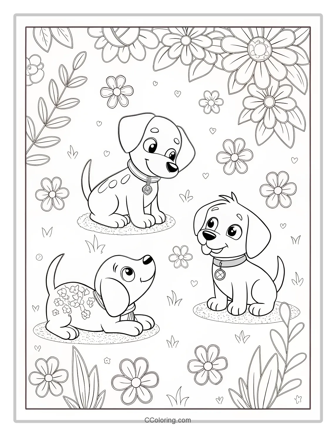 Puppies Coloring Pages Bold Outlines with Subtle Floral Patterns