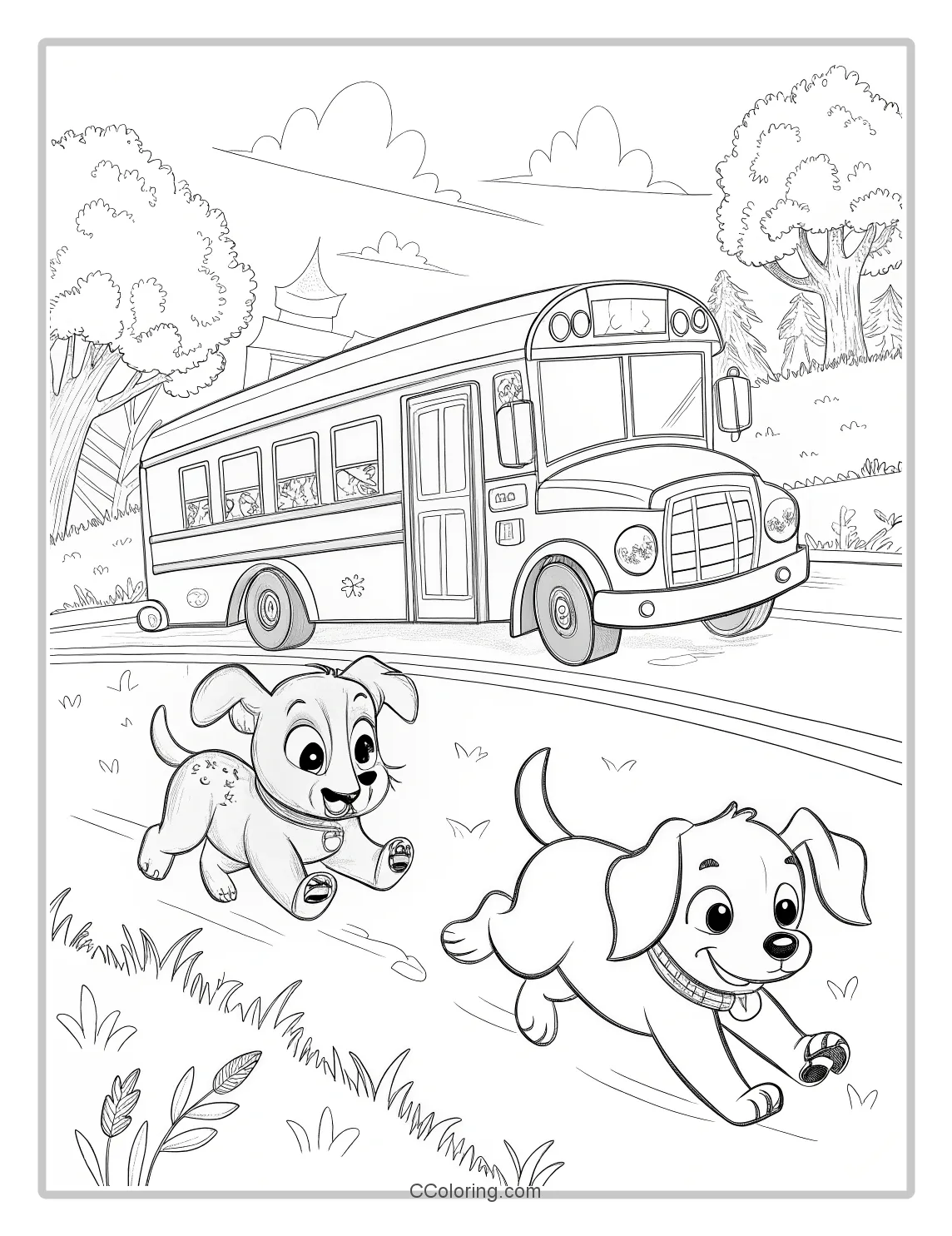 Puppies Coloring Pages Simple  Dynamic Movement with Puppies in a School Bus