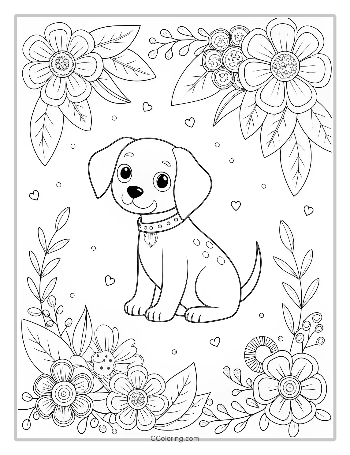 Puppies Coloring Pages Simple  High Contrast with Floral Themes
