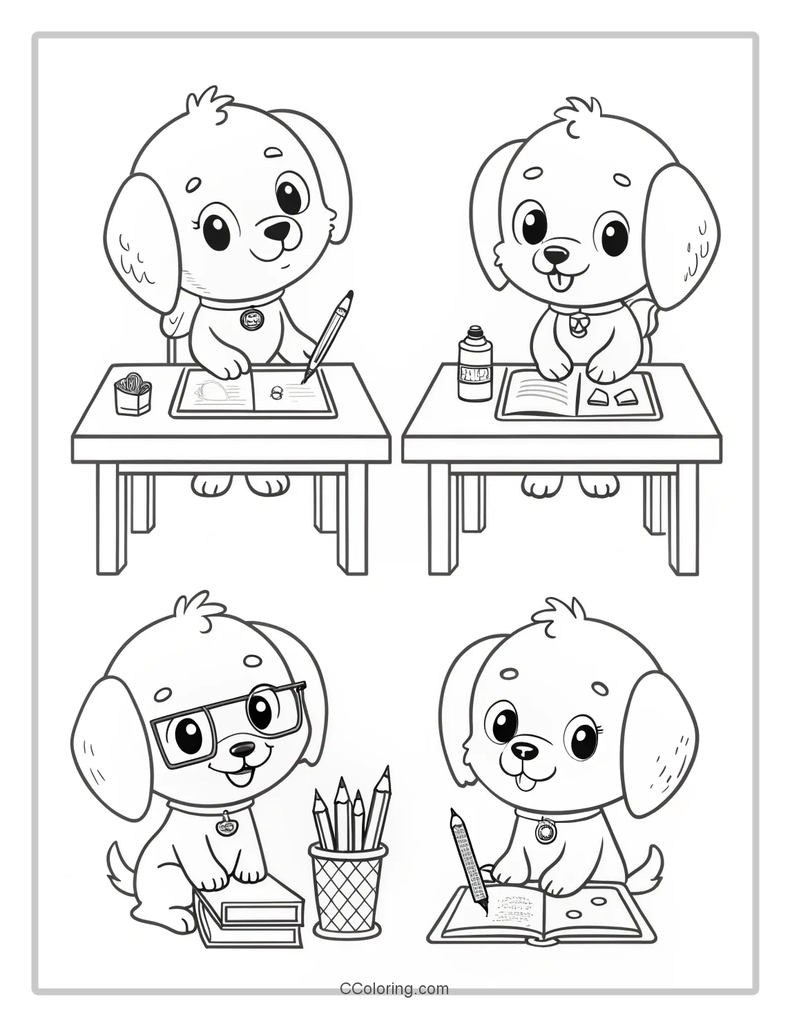 Puppies Coloring Pages with Puppies Doing Homework