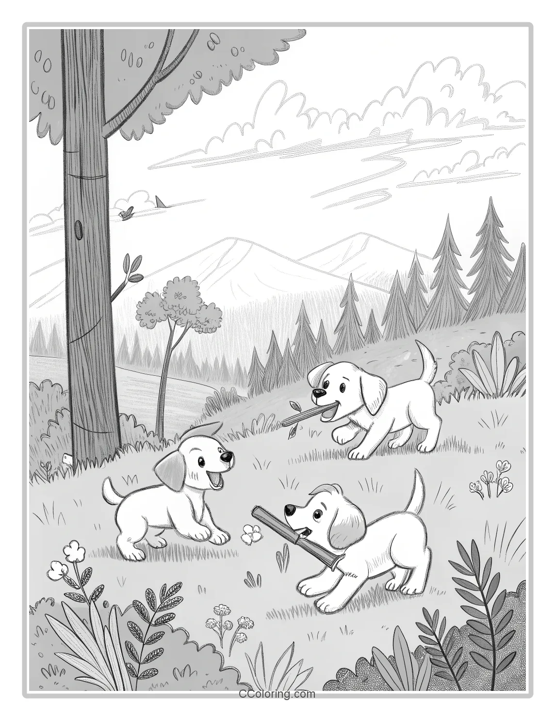 Puppies Coloring Pages with Puppies in a Forest