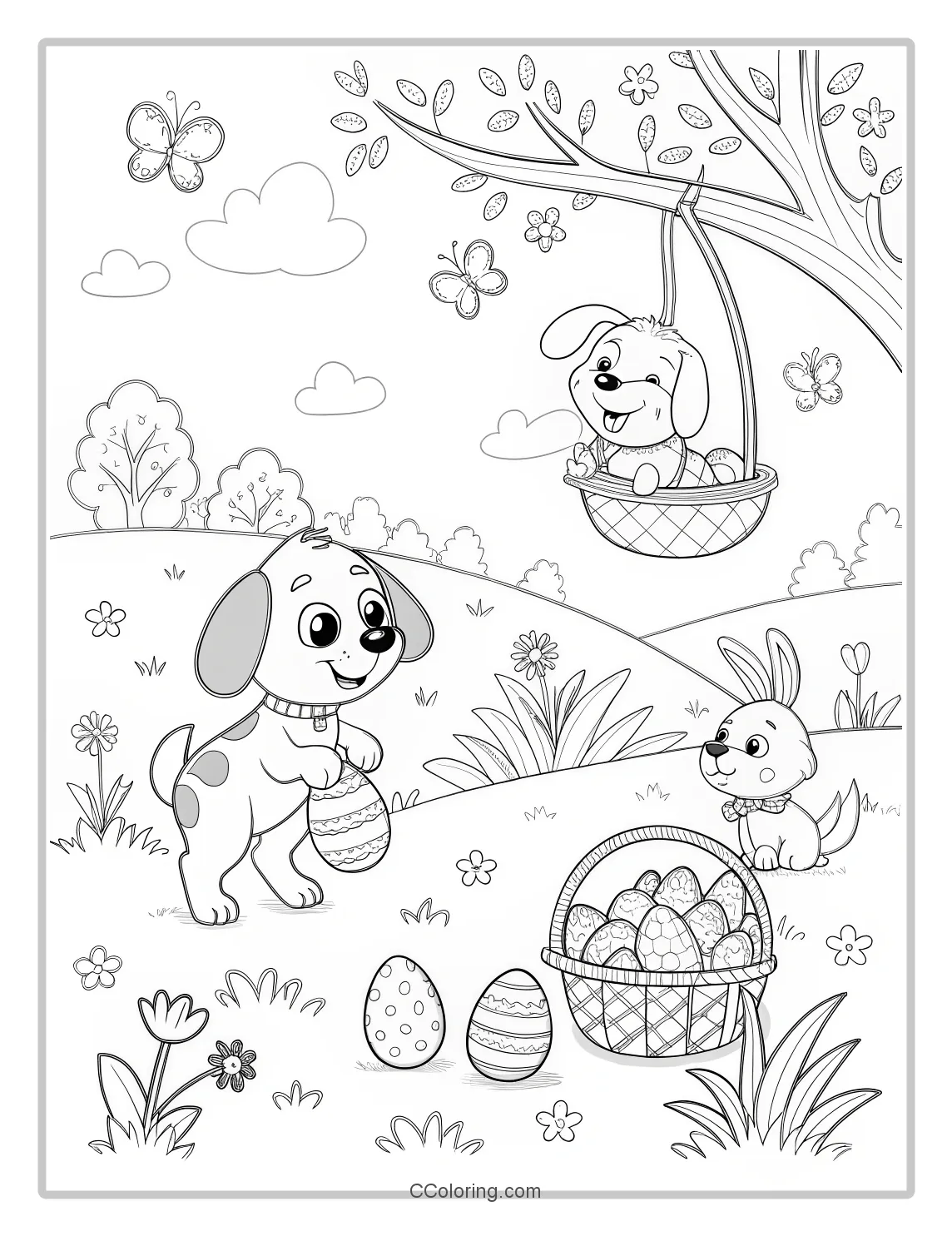 Puppies Coloring Pages with Puppies in an Easter Scene