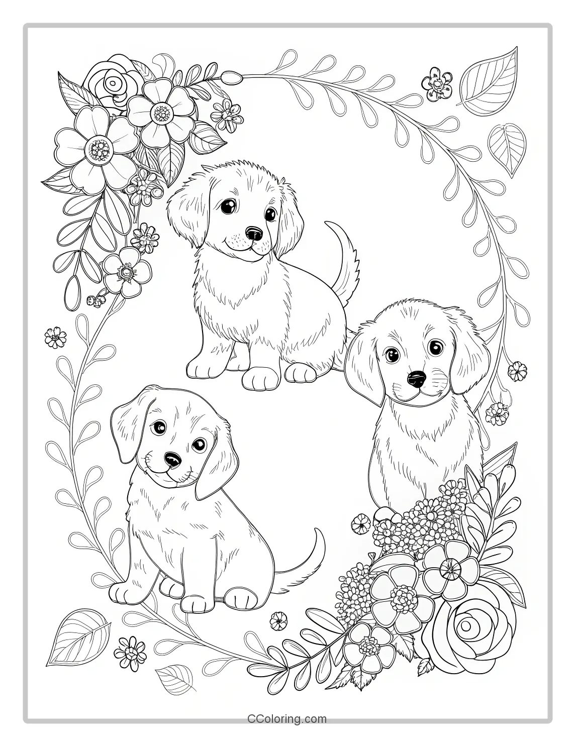 Puppies Coloring Pages with Romantic Floral Borders