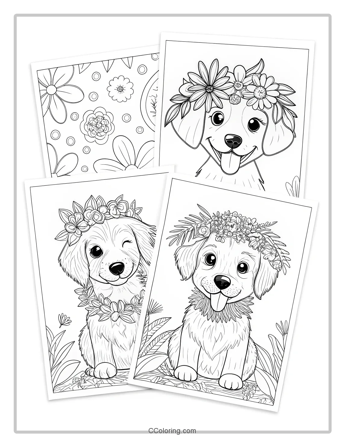 Puppies with Flower Crowns Coloring Pages