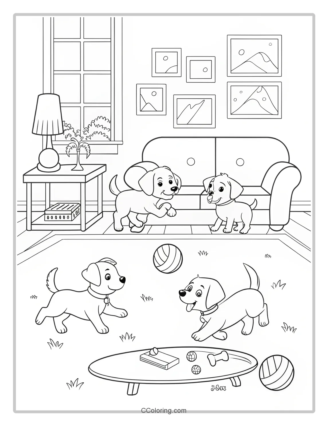 Puppy Coloring Pages Bold Outlines with Puppies Playing in the Living Room