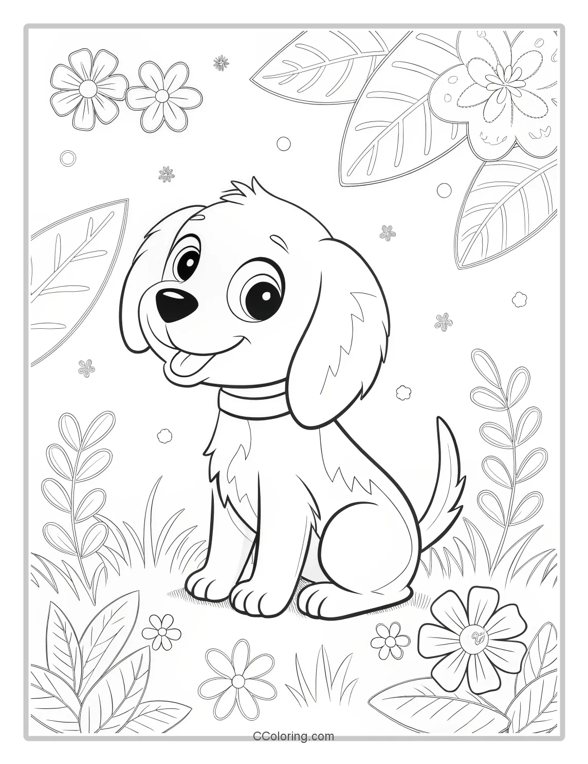 Puppy Coloring Pages Bold Outlines with Subtle Floral Patterns