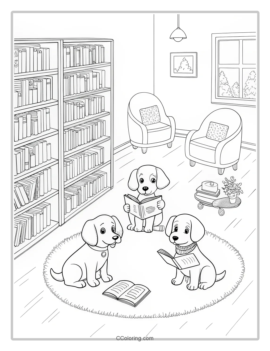Puppy Coloring Pages High Contrast with Puppies in a Library
