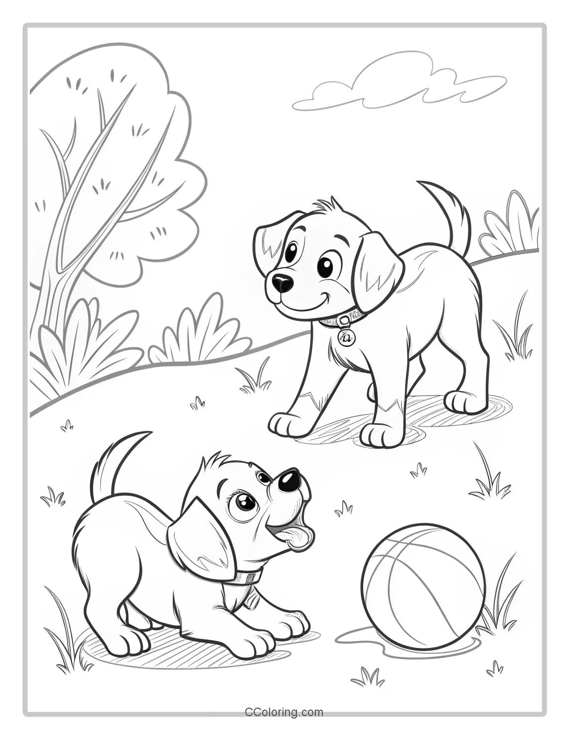 Puppy Coloring Pages Puppies Playing with a Ball