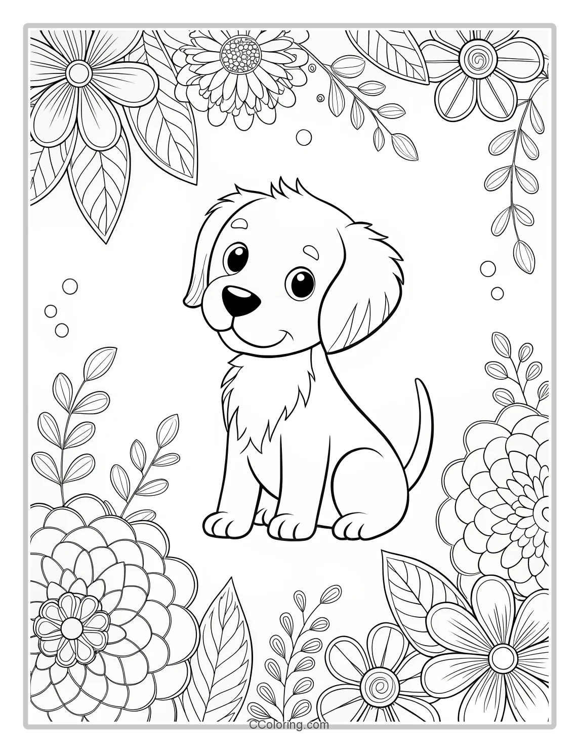 Puppy Coloring Pages Simple  High Contrast with Floral Themes
