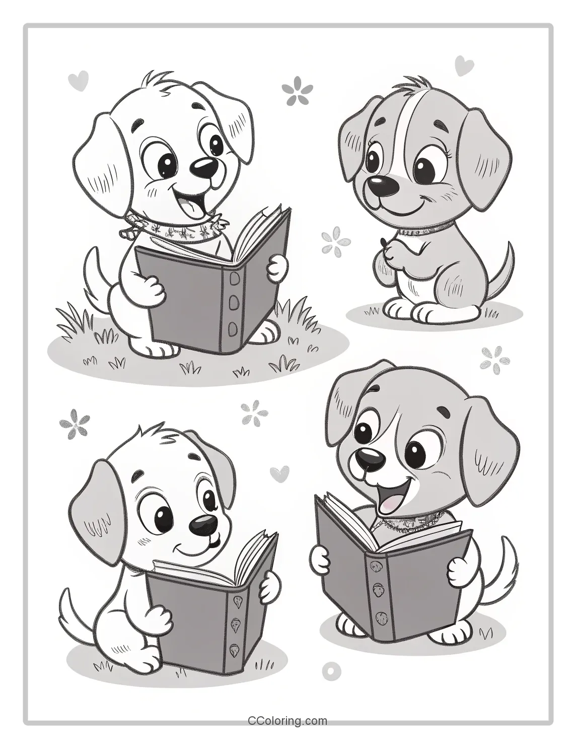 Puppy Coloring Pages with Puppies Reading a Book