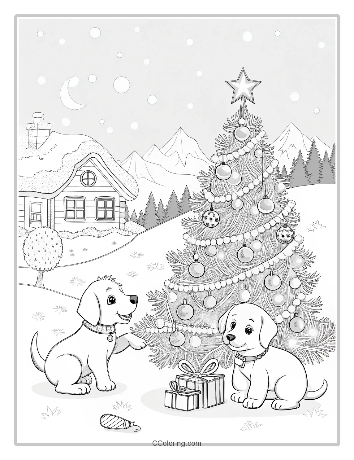 Puppy Coloring Pages with Puppies in a Christmas Scene