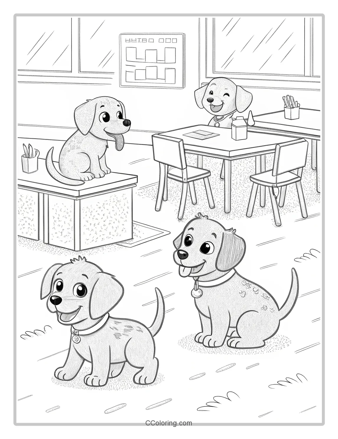 Puppy Coloring Pages with Puppies in a Classroom