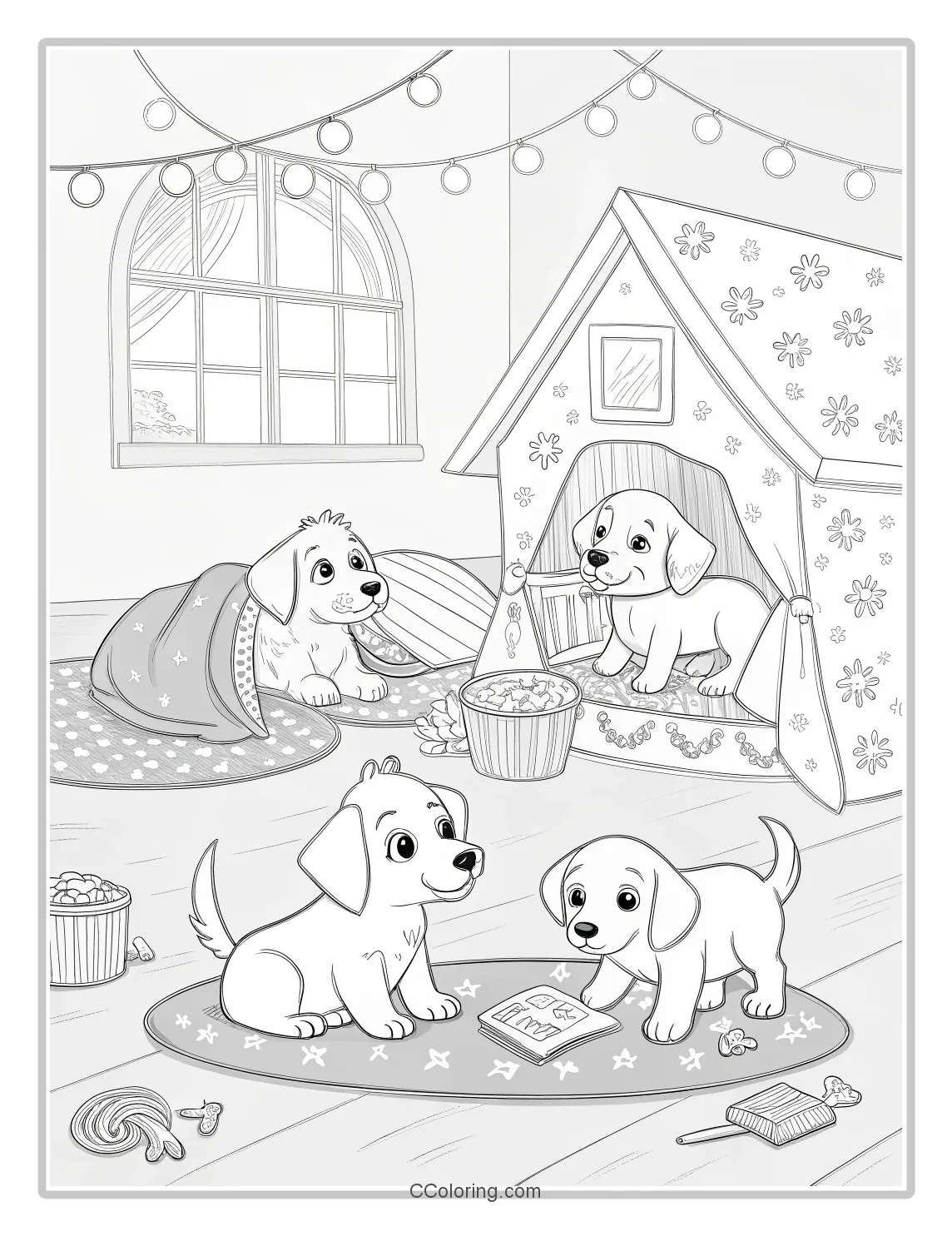 Puppy Coloring Pages with Puppies in a Cozy Home