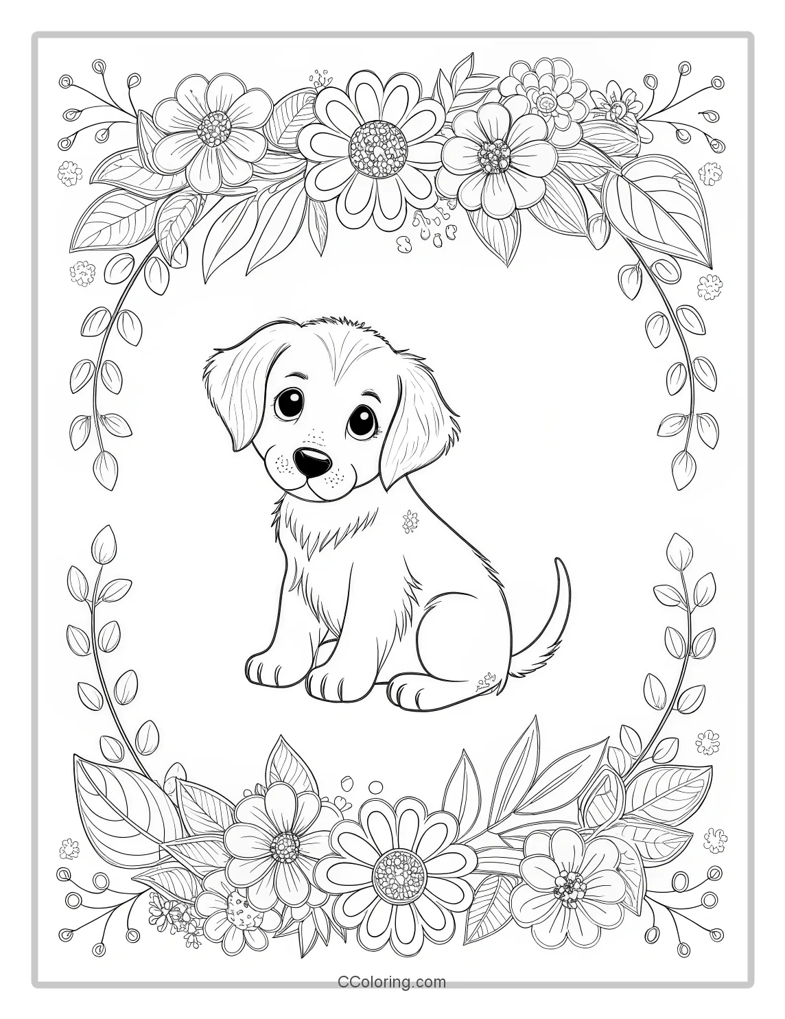 Puppy Coloring Pages with Romantic Floral Borders