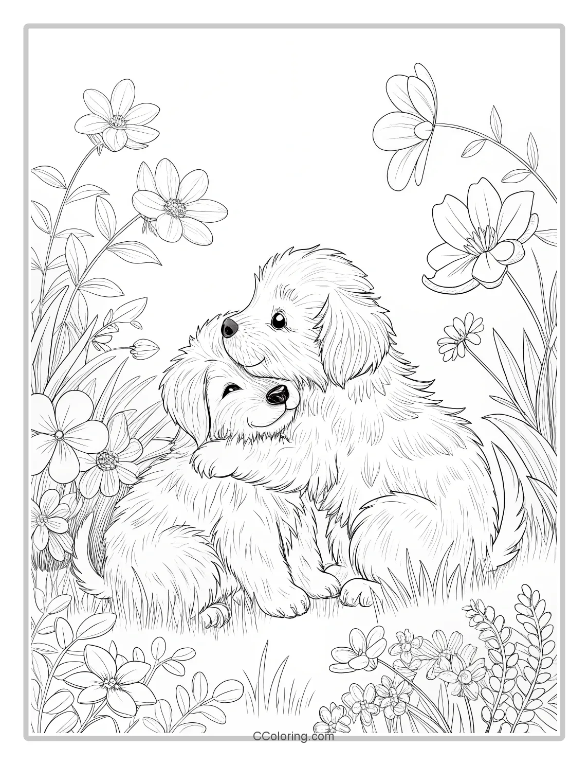 Puppy and Flowers Coloring Pages Blooms