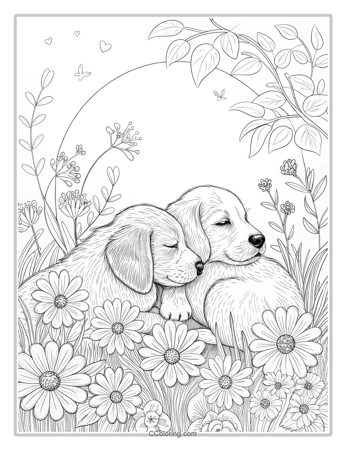 Puppy and Flowers Coloring Pages