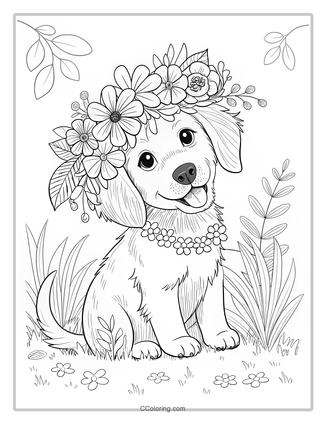 Puppy with Flower Crowns Coloring Pages