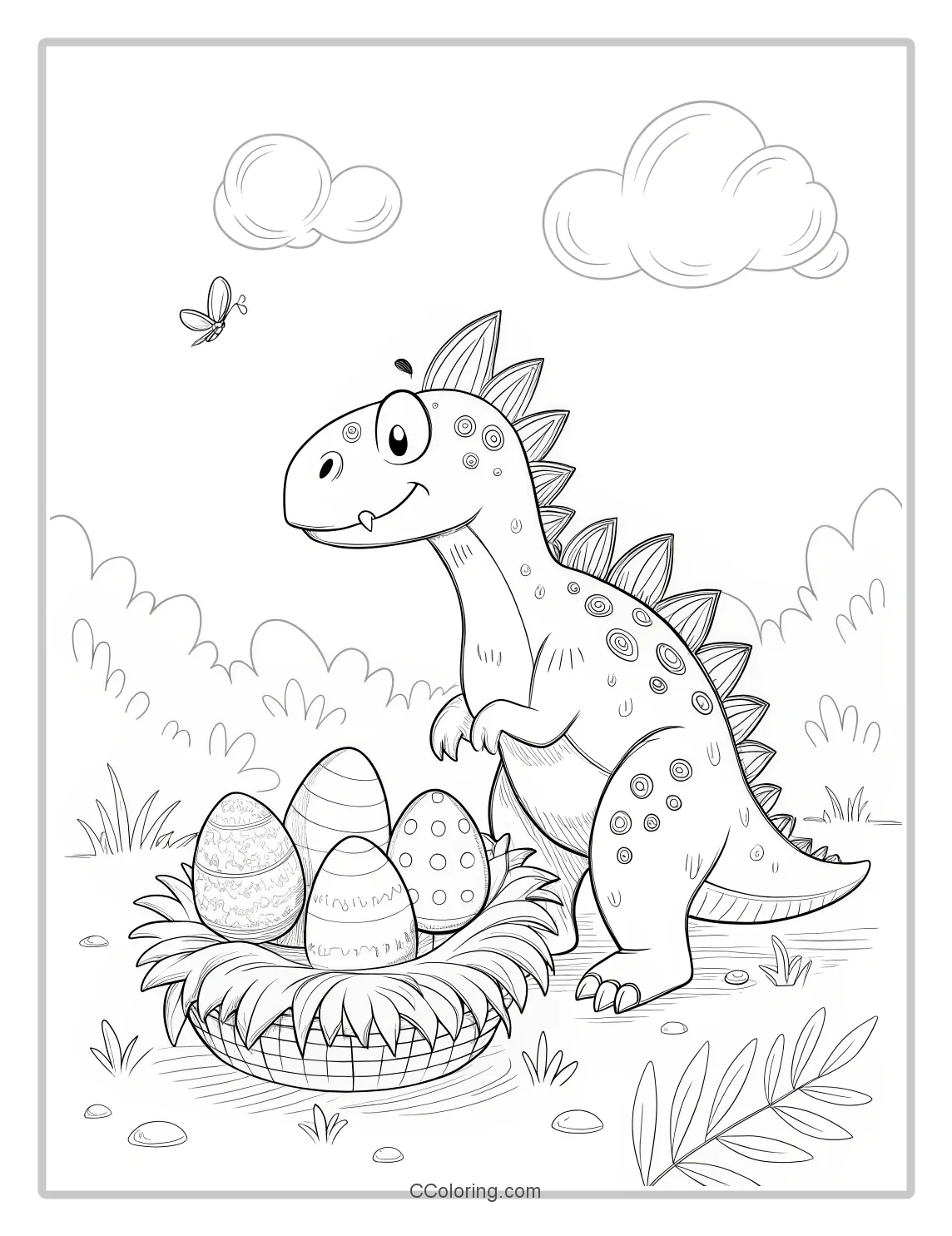 Stegosaurus sitting on a nest of eggs