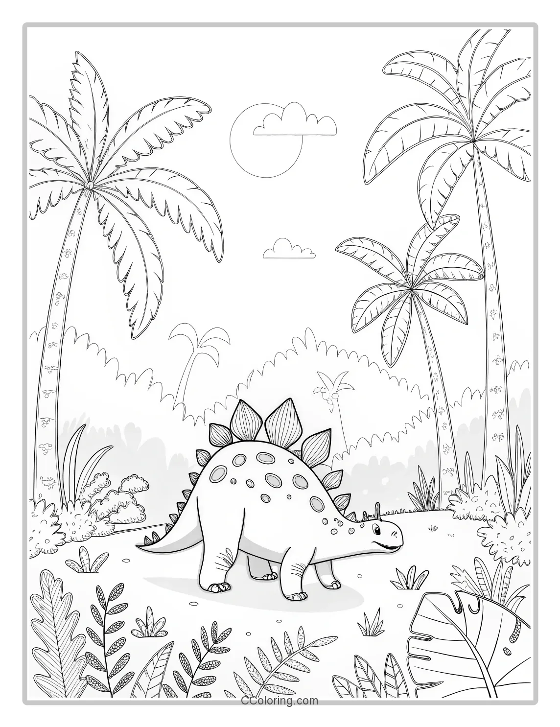 Stegosaurus surrounded by tall palm trees