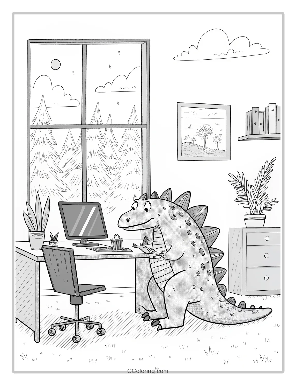 Stegosaurus using a laptop with a modern office