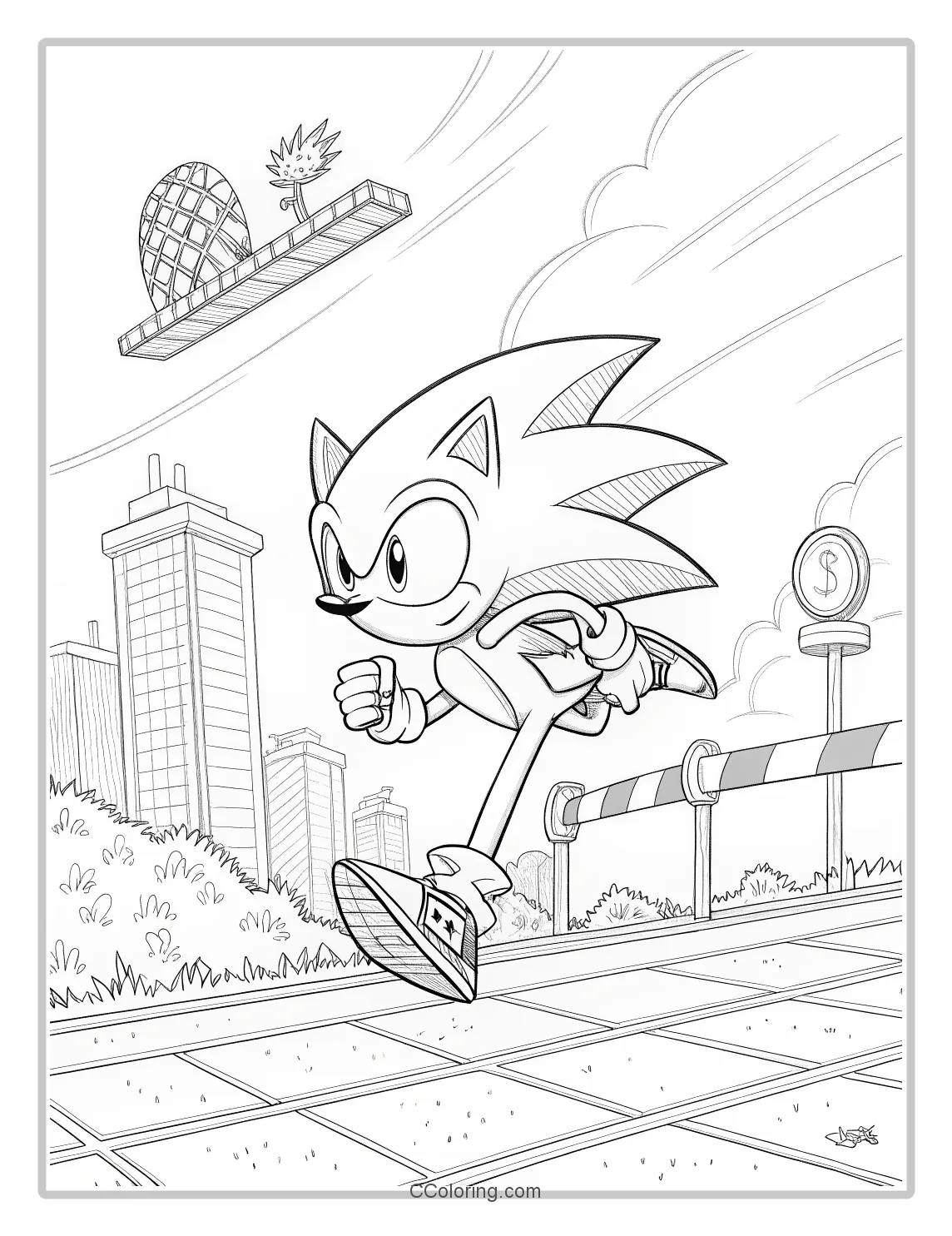 Super Sonic Coloring Pages Black and White with Classic Action Sequences