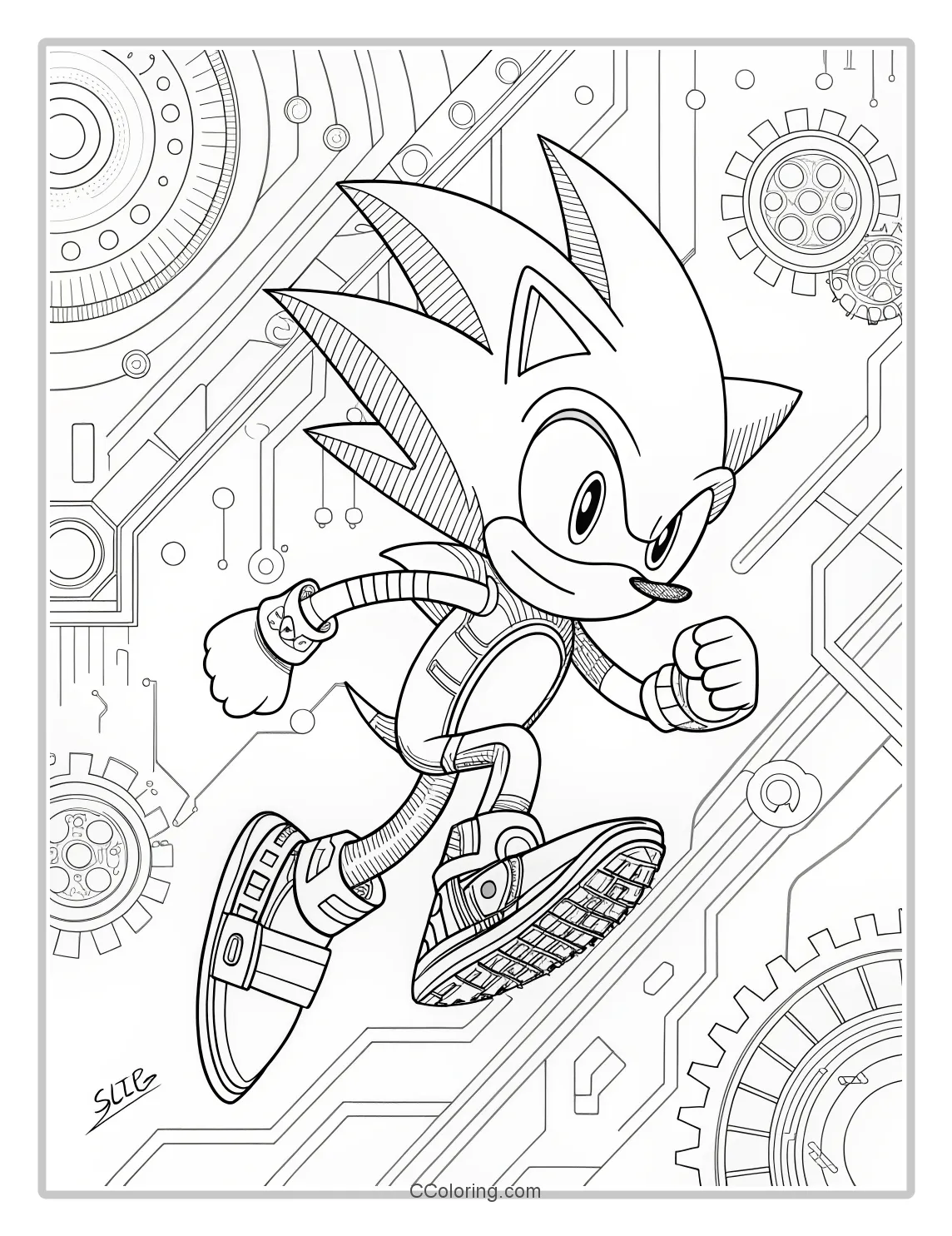 Super Sonic Coloring Pages Black and White with Futuristic Tech Textures