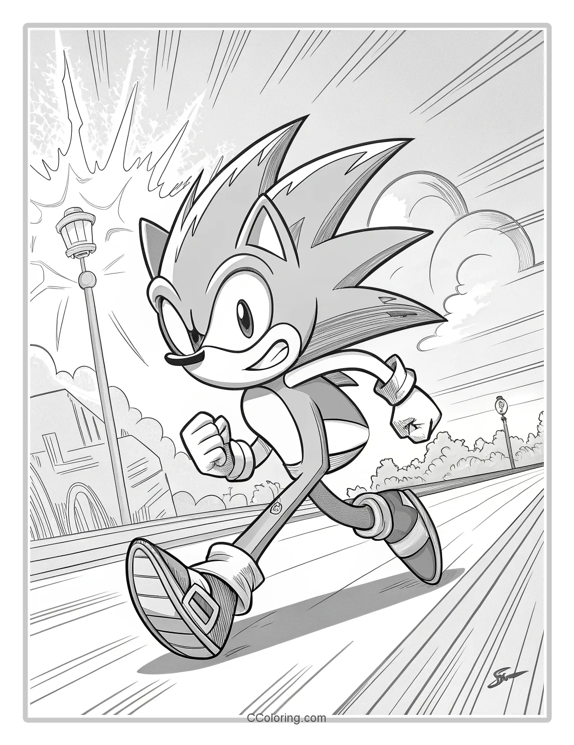 Super Sonic Coloring Pages Black and White with High Contrast
