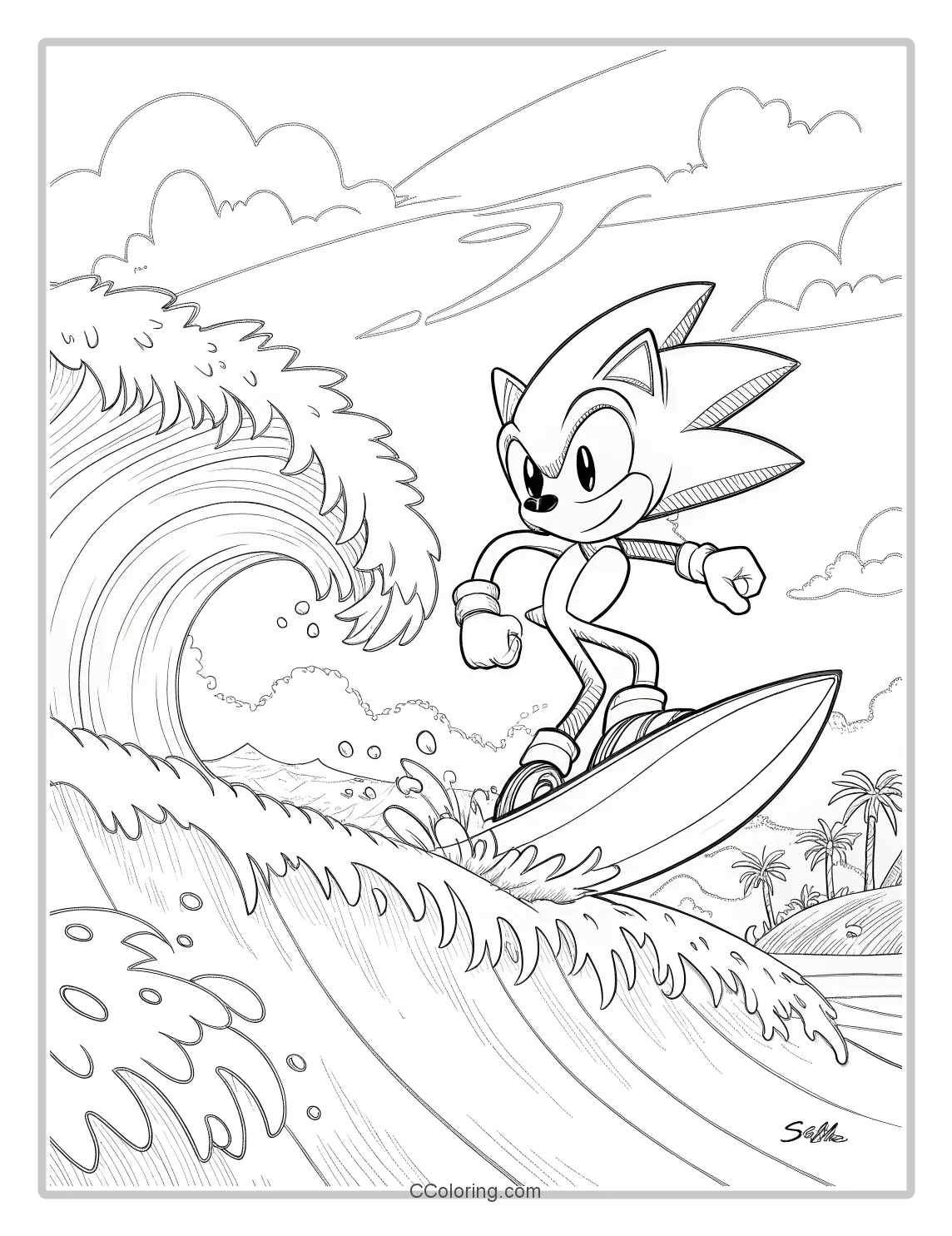 Super Sonic Coloring Pages Black and White with Ocean Wave Backgrounds