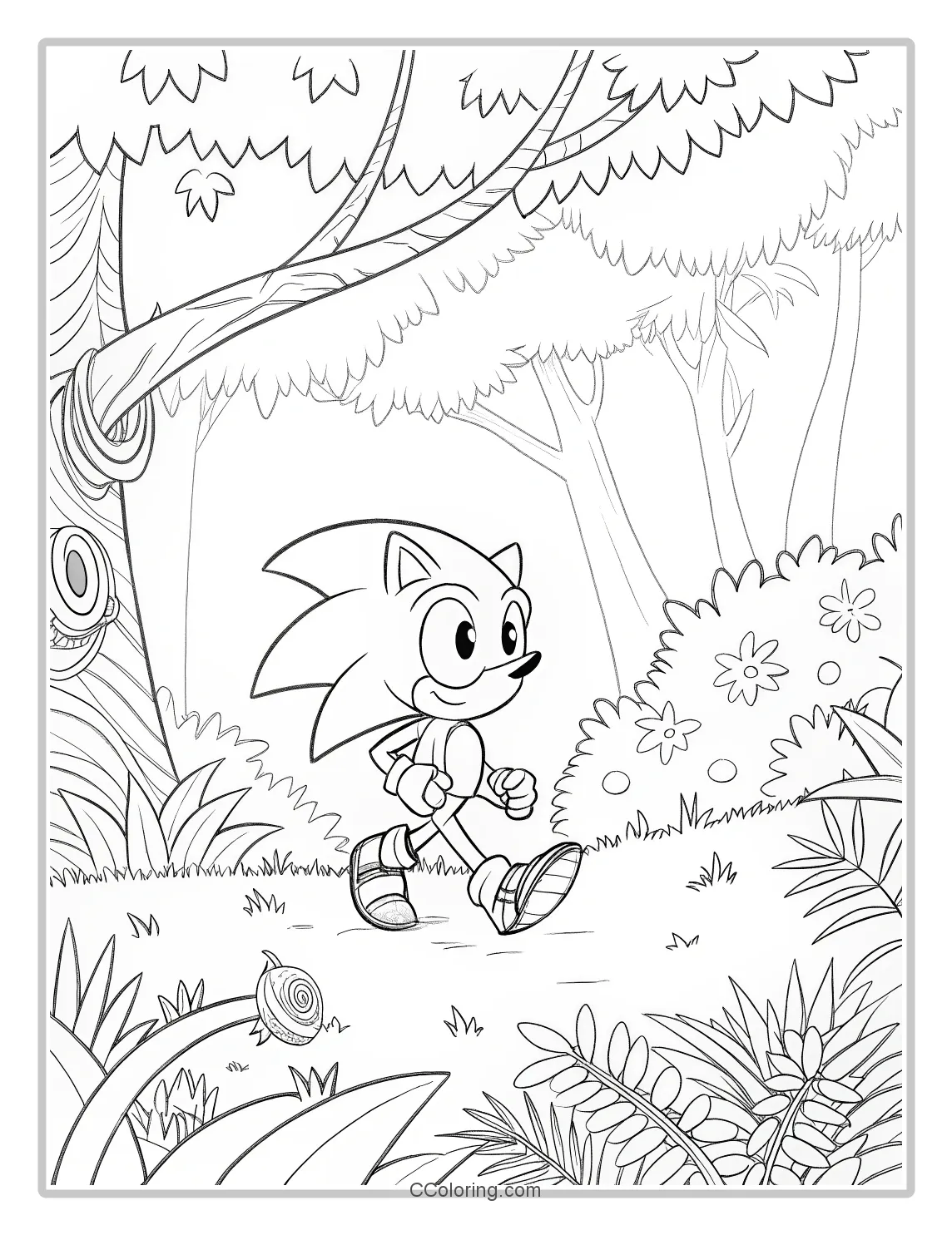 Super Sonic Coloring Pages Black and White with Simple Jungle Backgrounds