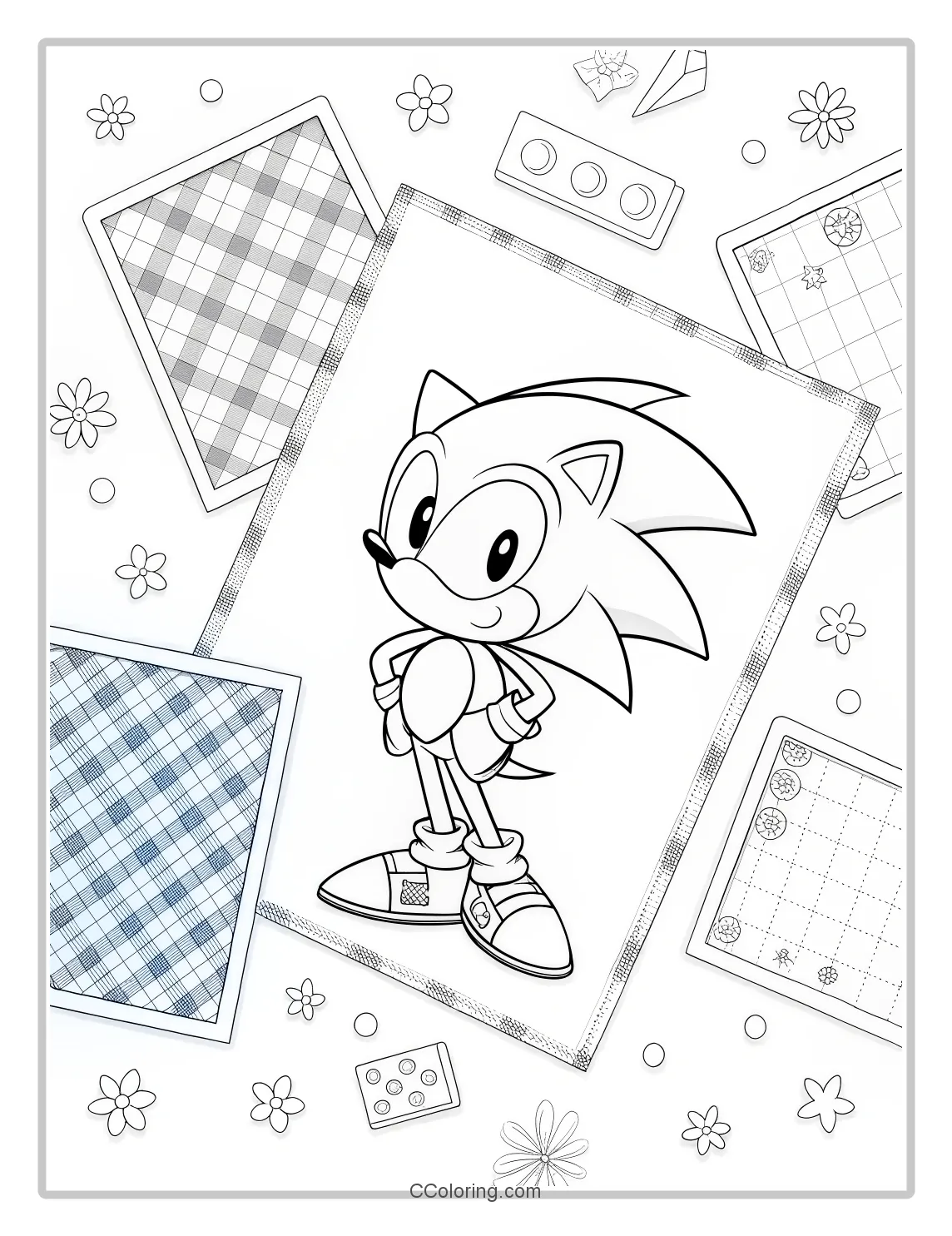 Super Sonic Coloring Pages Black and White with Simple Plaid Patterns