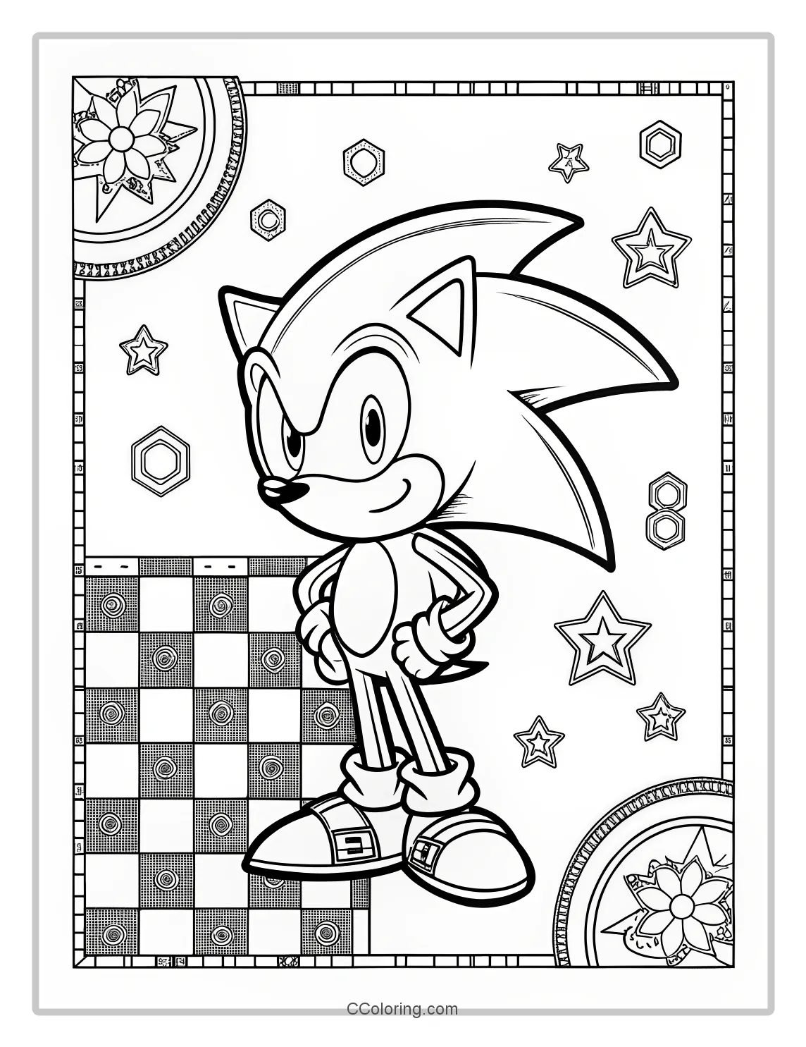 Super Sonic Coloring Pages Bold Outlines with Checkerboard Designs
