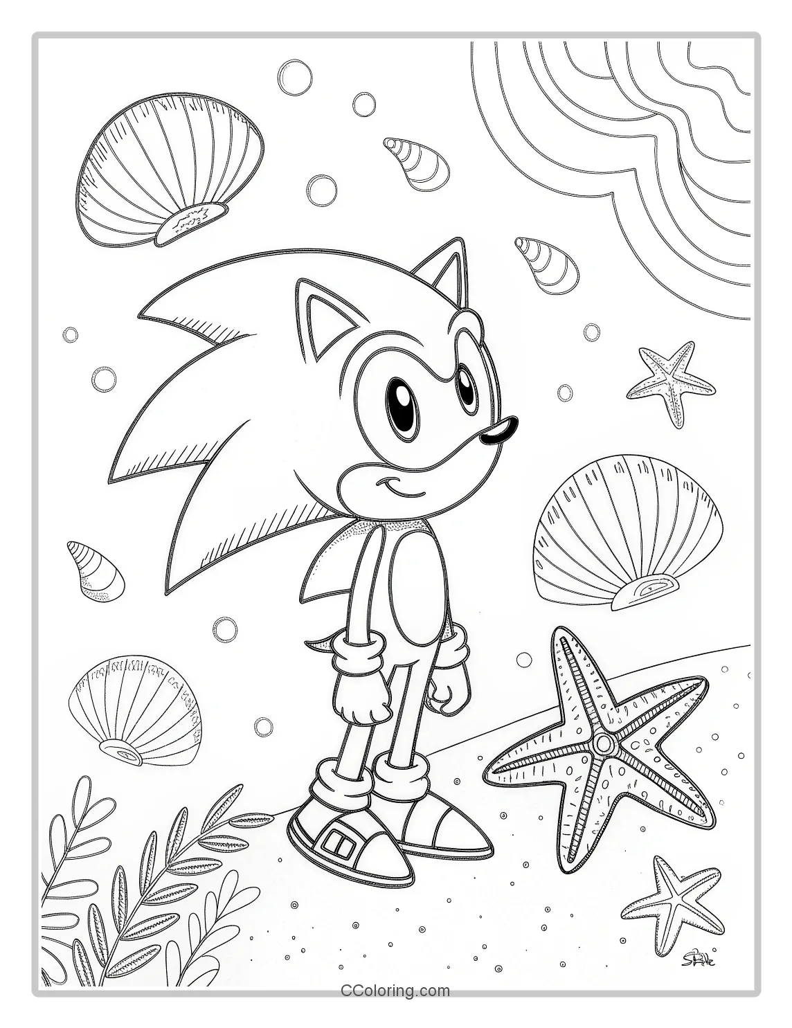 Super Sonic Coloring Pages Bold Outlines with Seashell and Starfish