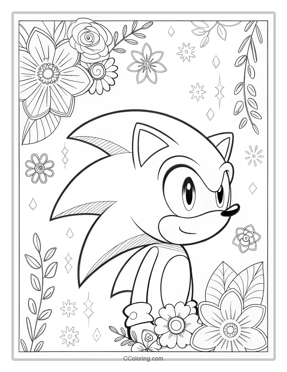 Super Sonic Coloring Pages Bold Outlines with Subtle Floral Patterns