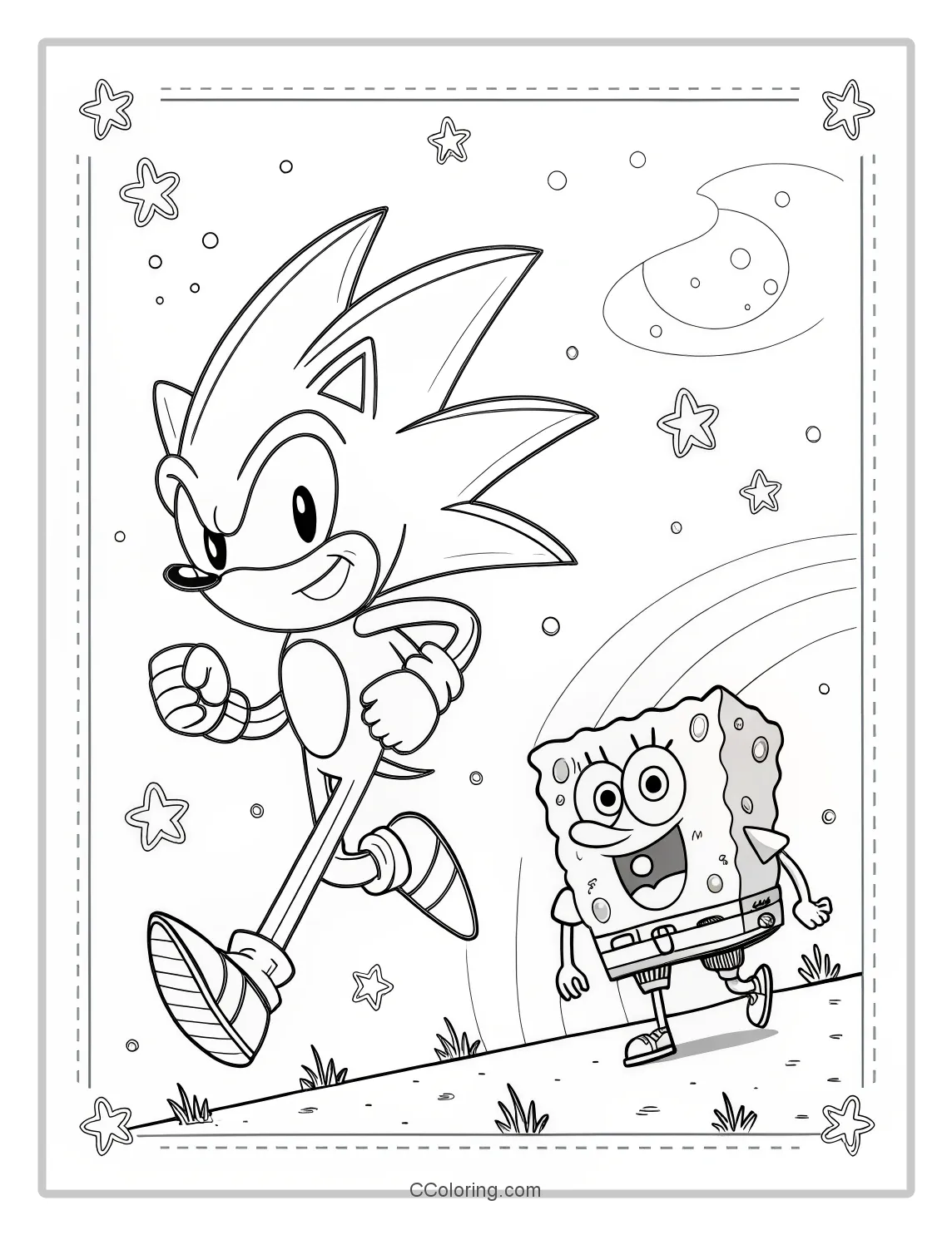 Super Sonic and SpongeBob Coloring Pages Black and White with Modern  Streamlined Designs