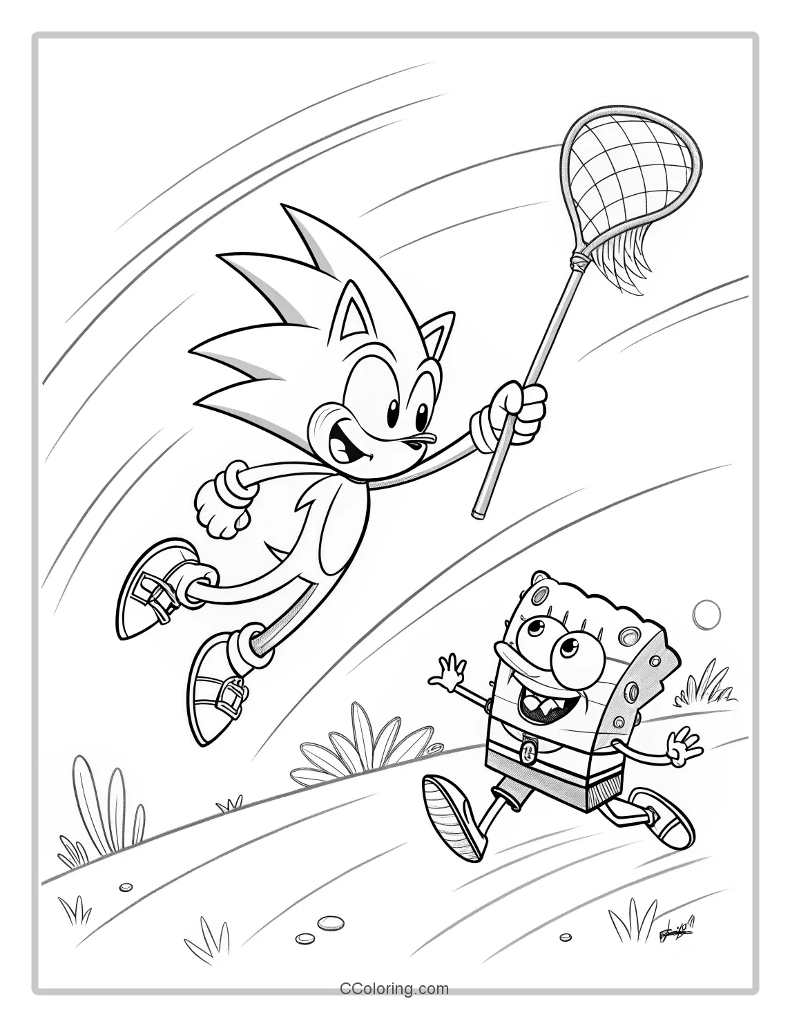 Super Sonic and SpongeBob Coloring Pages Black and White with Simple  Dynamic Movement
