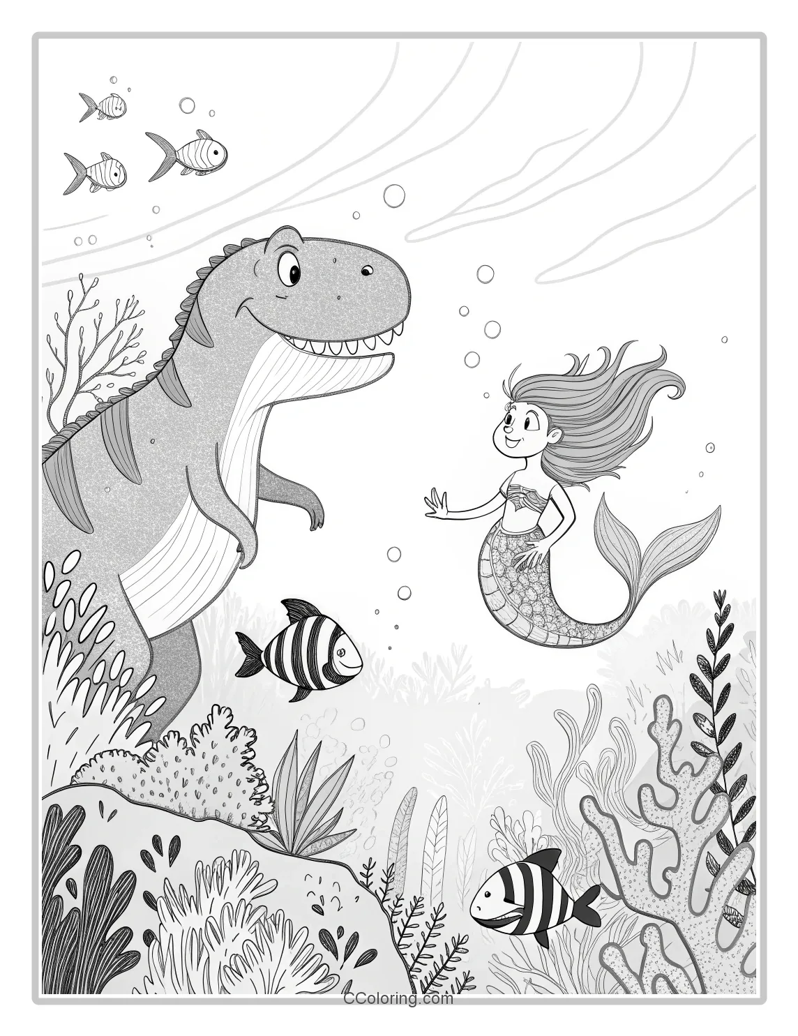 T Rex and a graceful mermaid with flowing hair