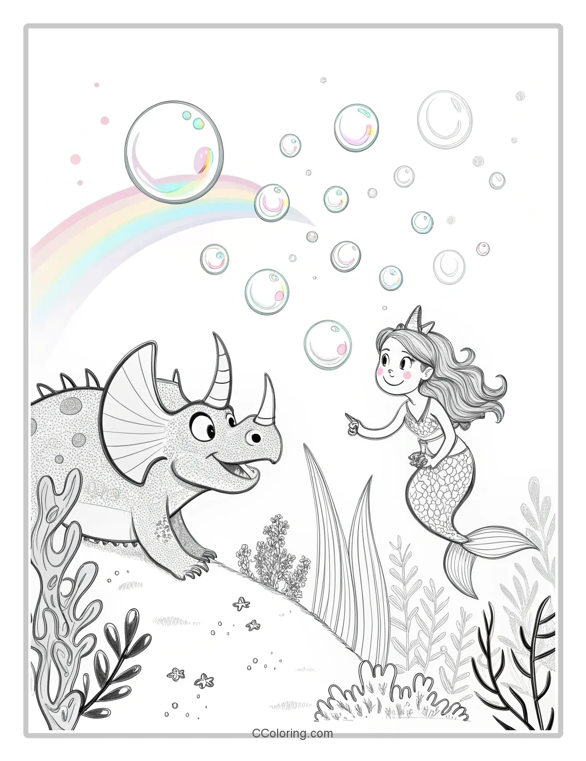Triceratops and a mermaid with a gentle smile