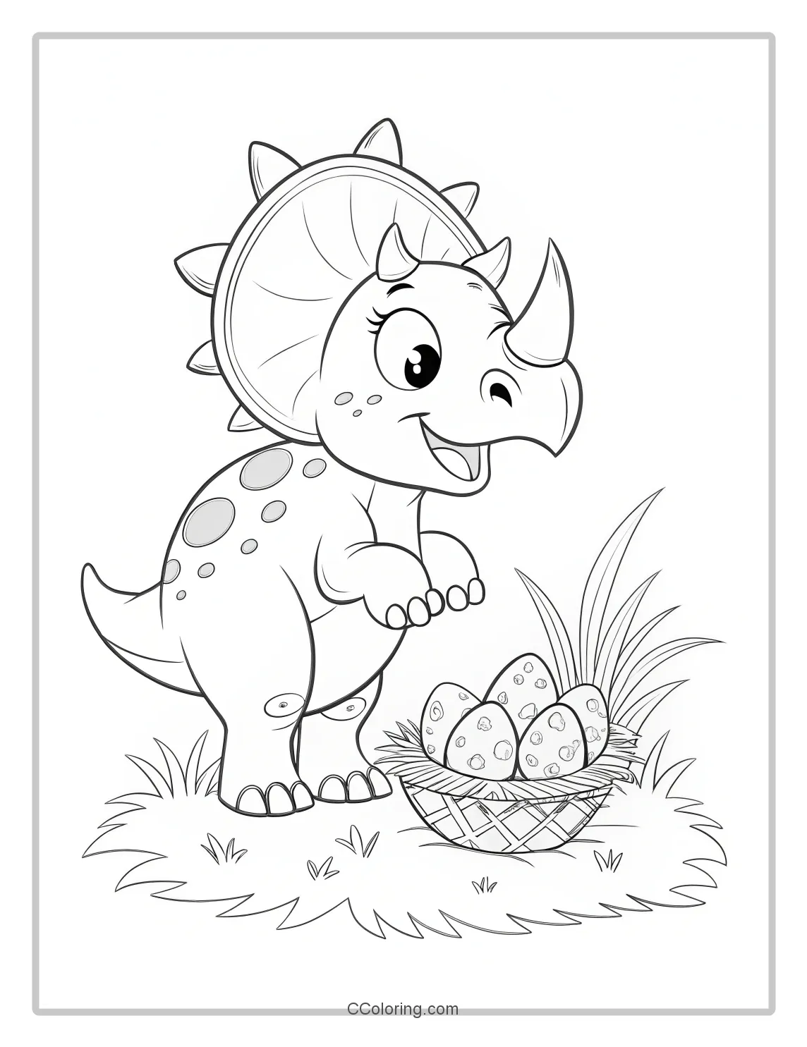 Triceratops guarding her nest of eggs