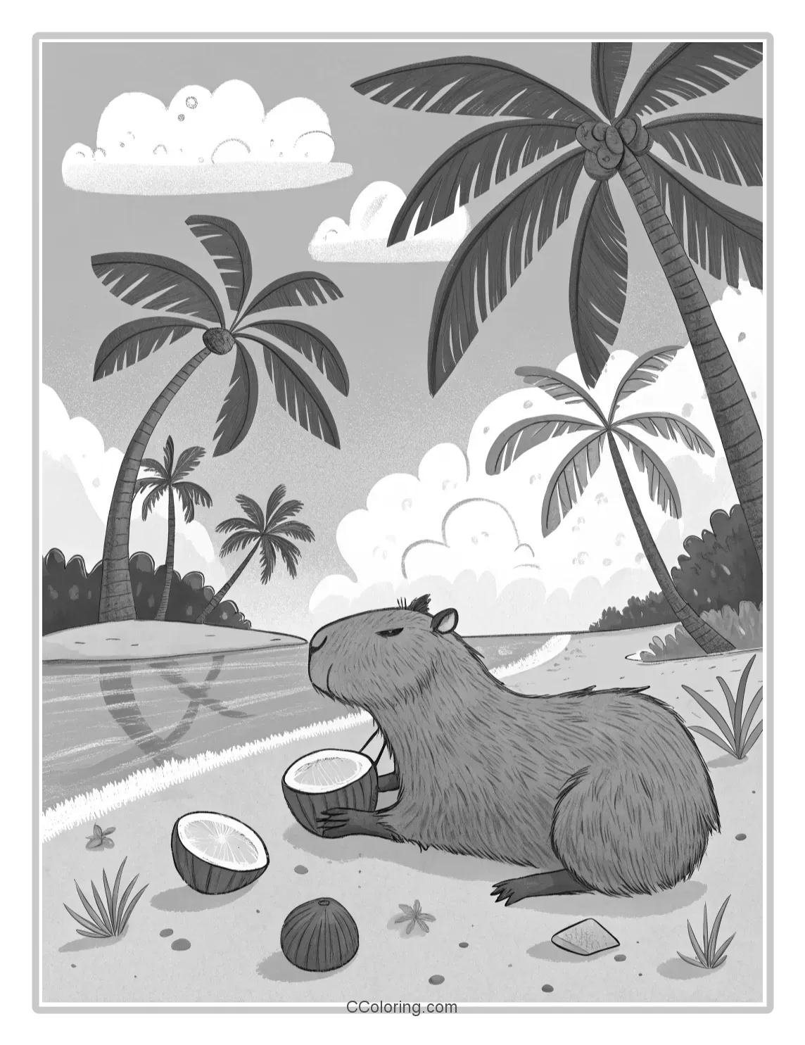 Tropical Capybara A capybara lounging on a beach with palm trees