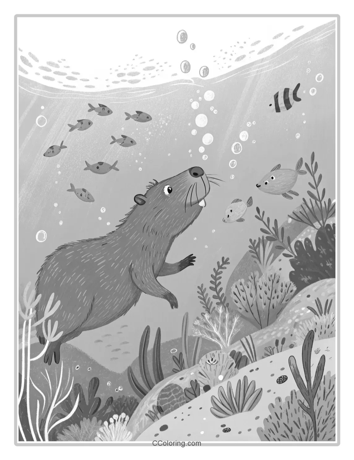 Underwater Capybara coloring pages colorful fish