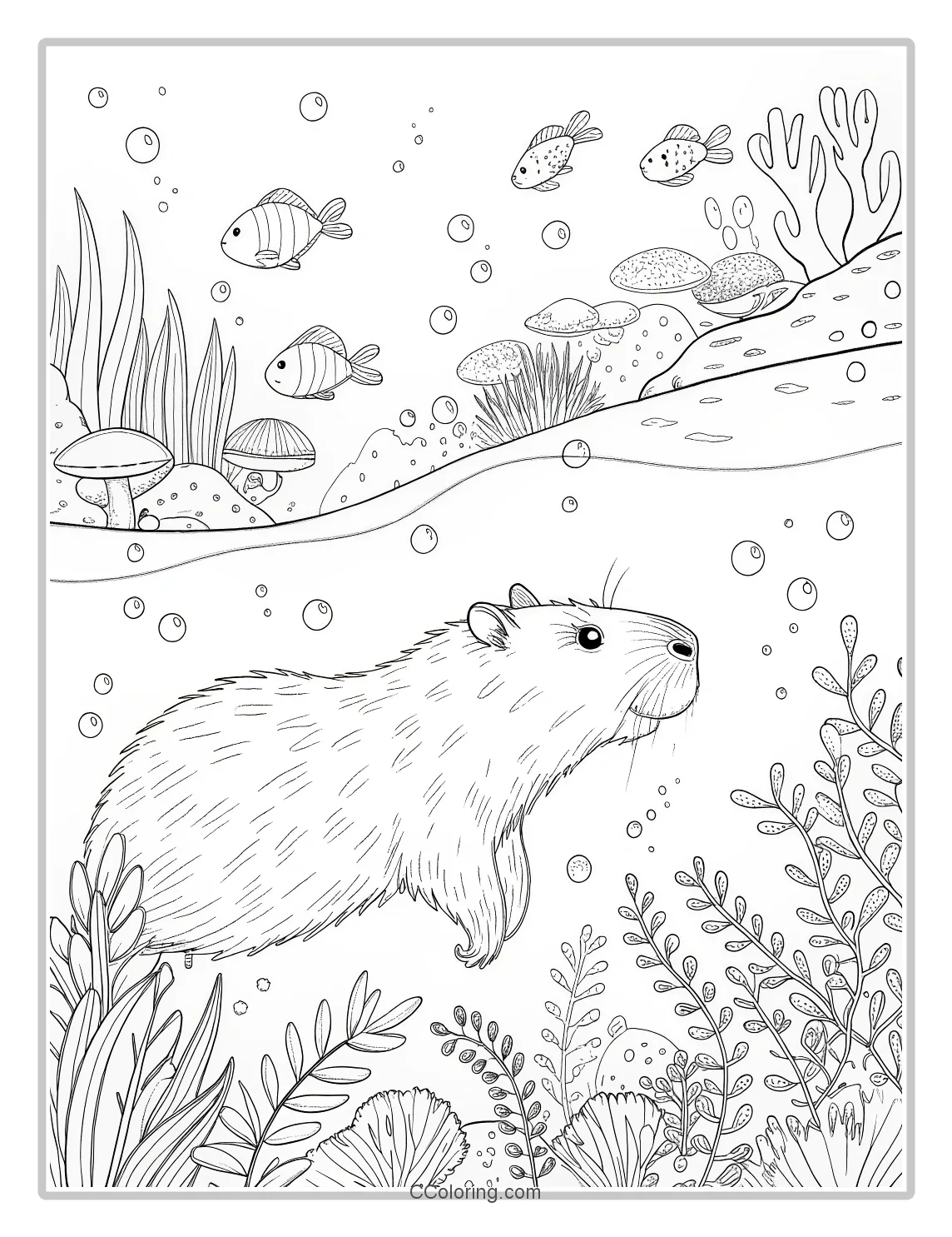 Underwater Capybara coloring pages coral reefs and bubbles