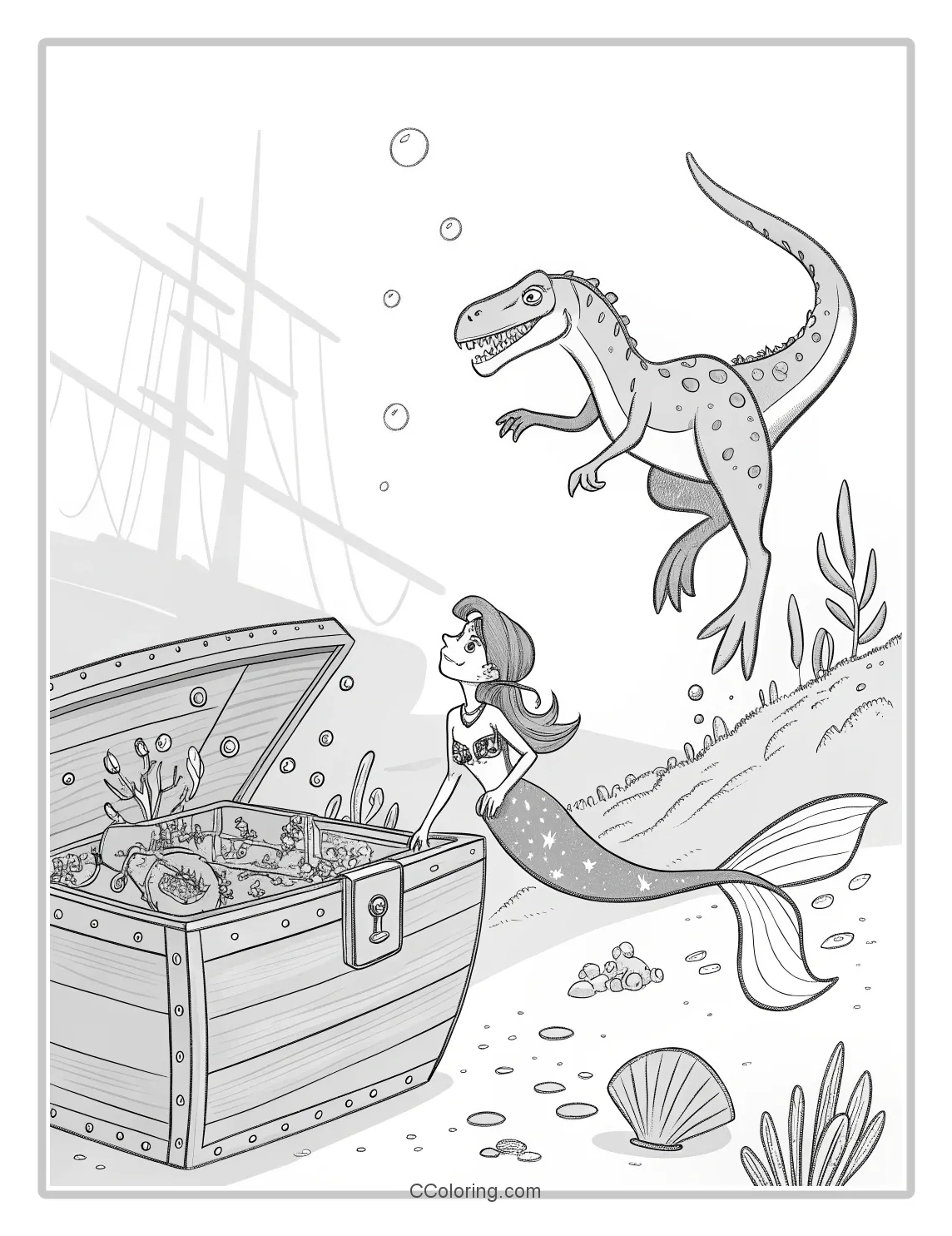 Velociraptor and a mermaid with a shimmering tail
