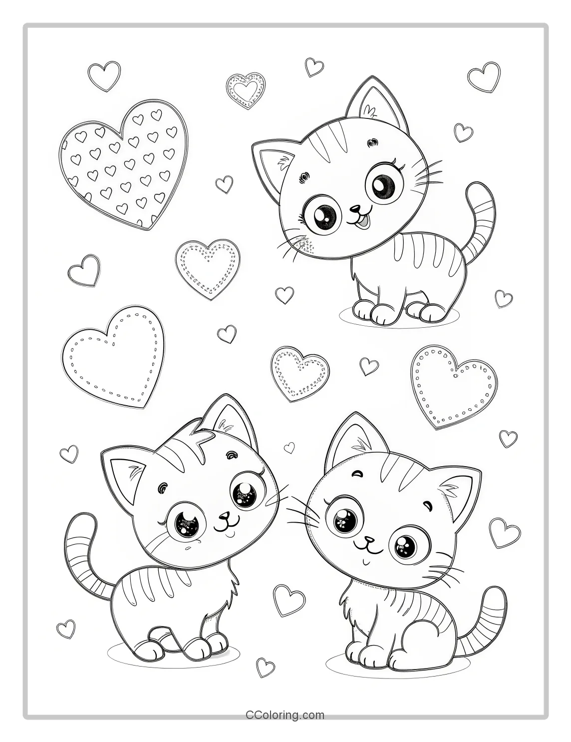 White Kitten Coloring Pages with Simple Heart