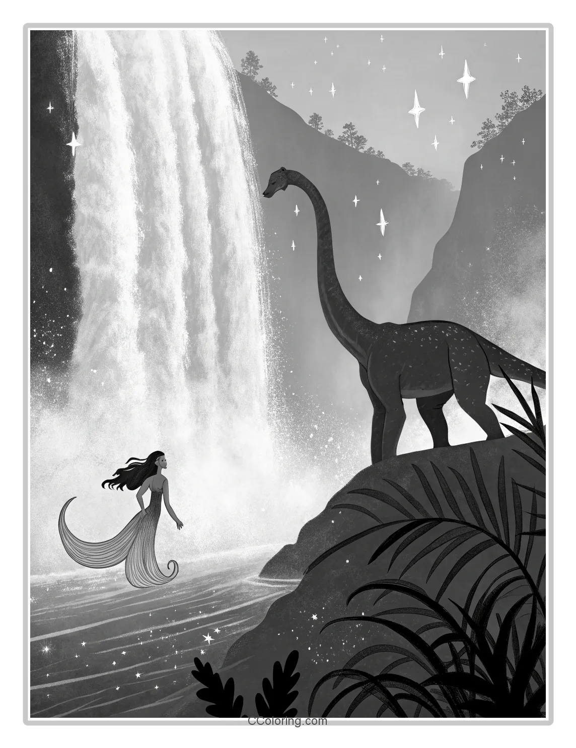 a Brachiosaurus and a mermaid with a shimmering tail