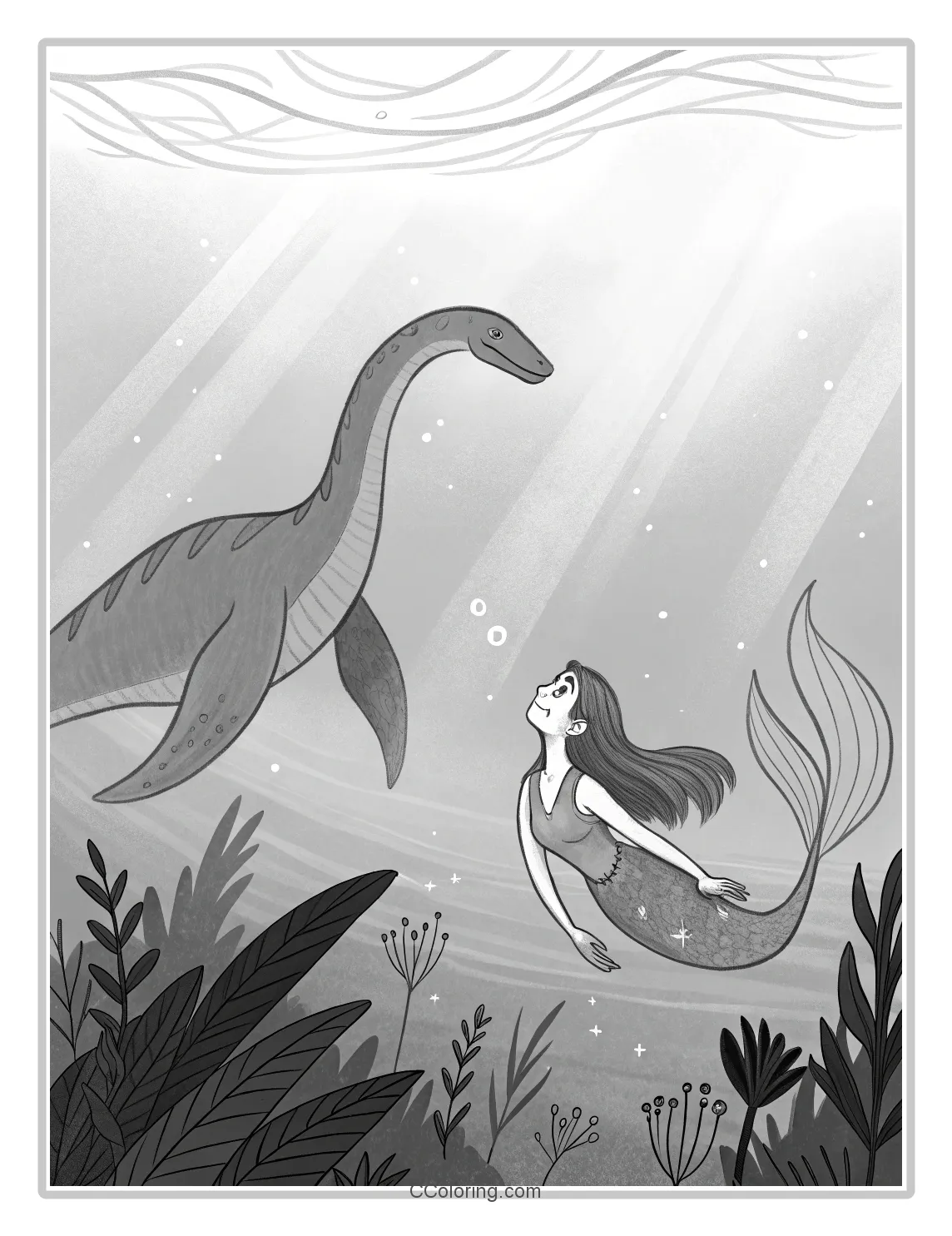a Plesiosaurus and a mermaid with a serene expression