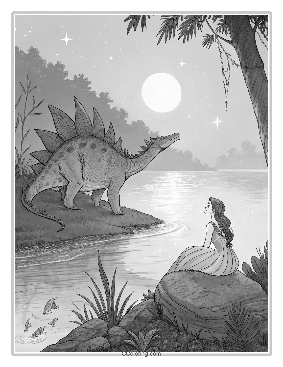 a Stegosaurus and a mermaid with a flowing gown
