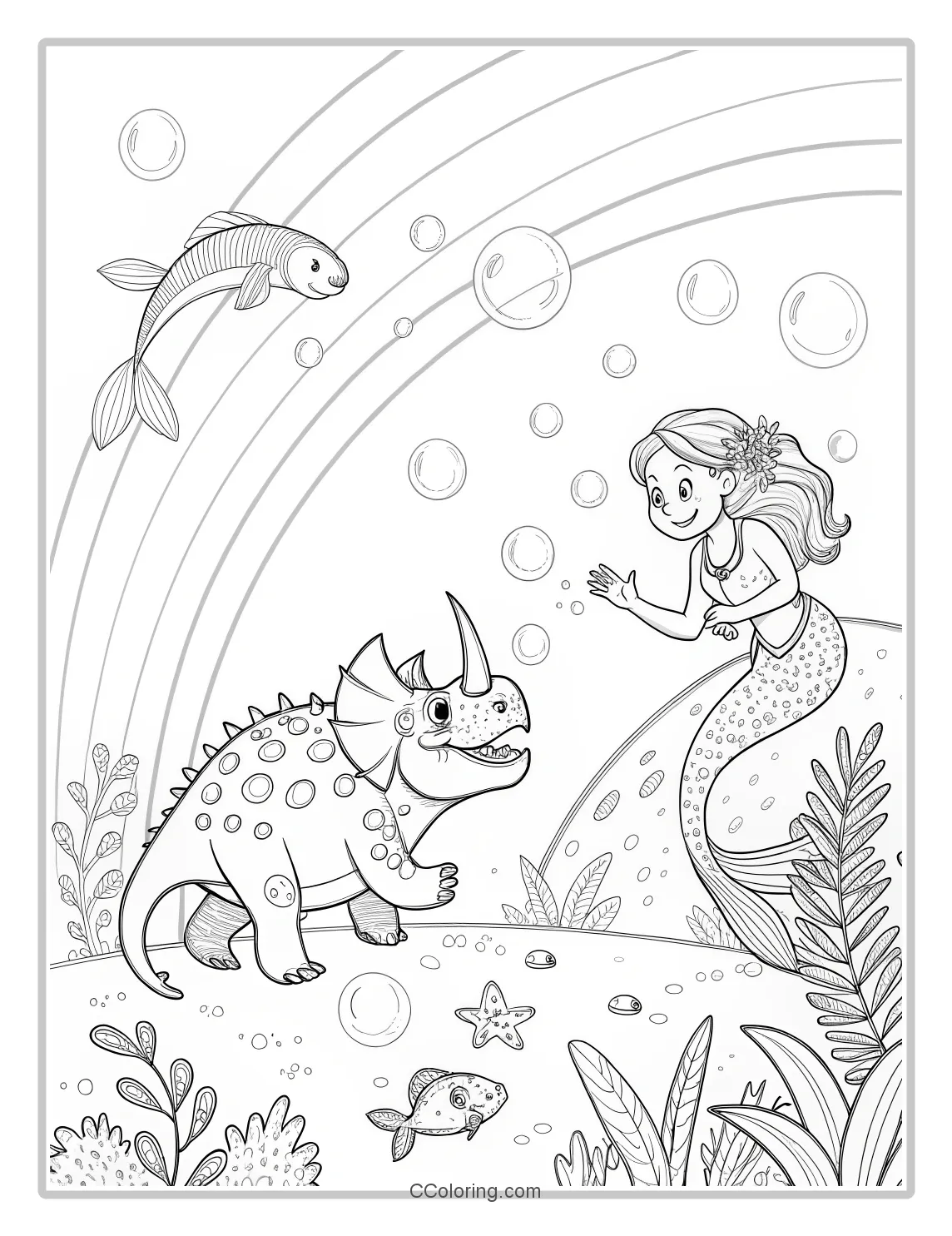 a Triceratops and a mermaid with a gentle smile