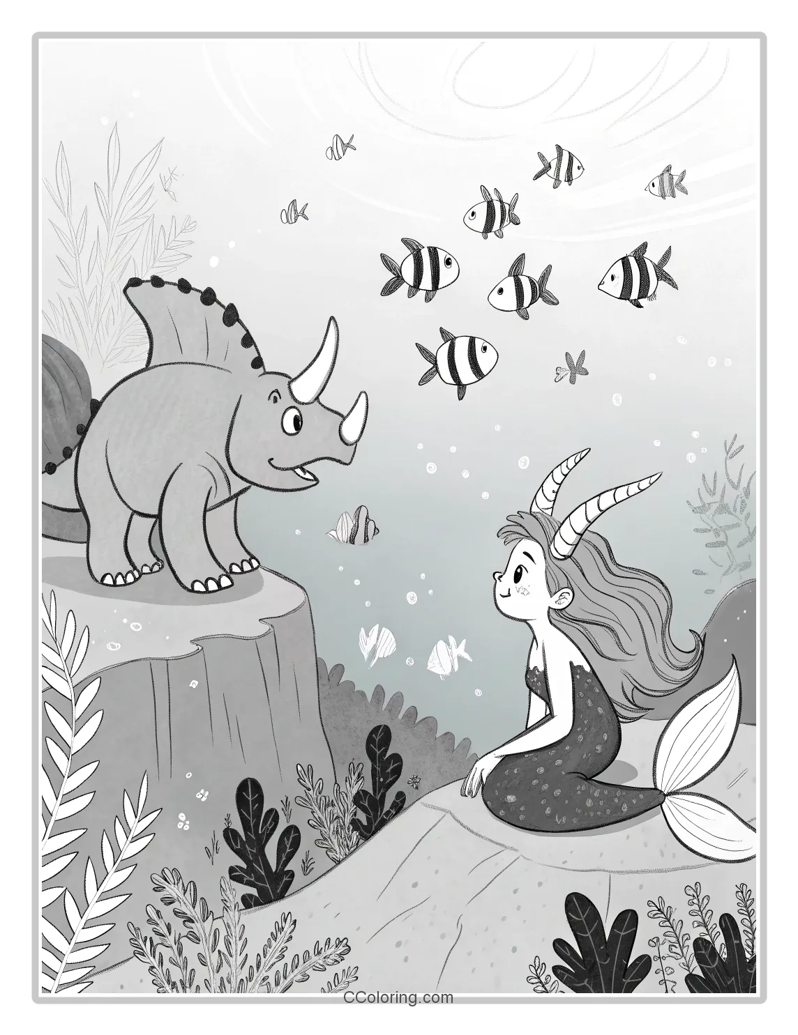 a Triceratops and a mermaid with flowing hair