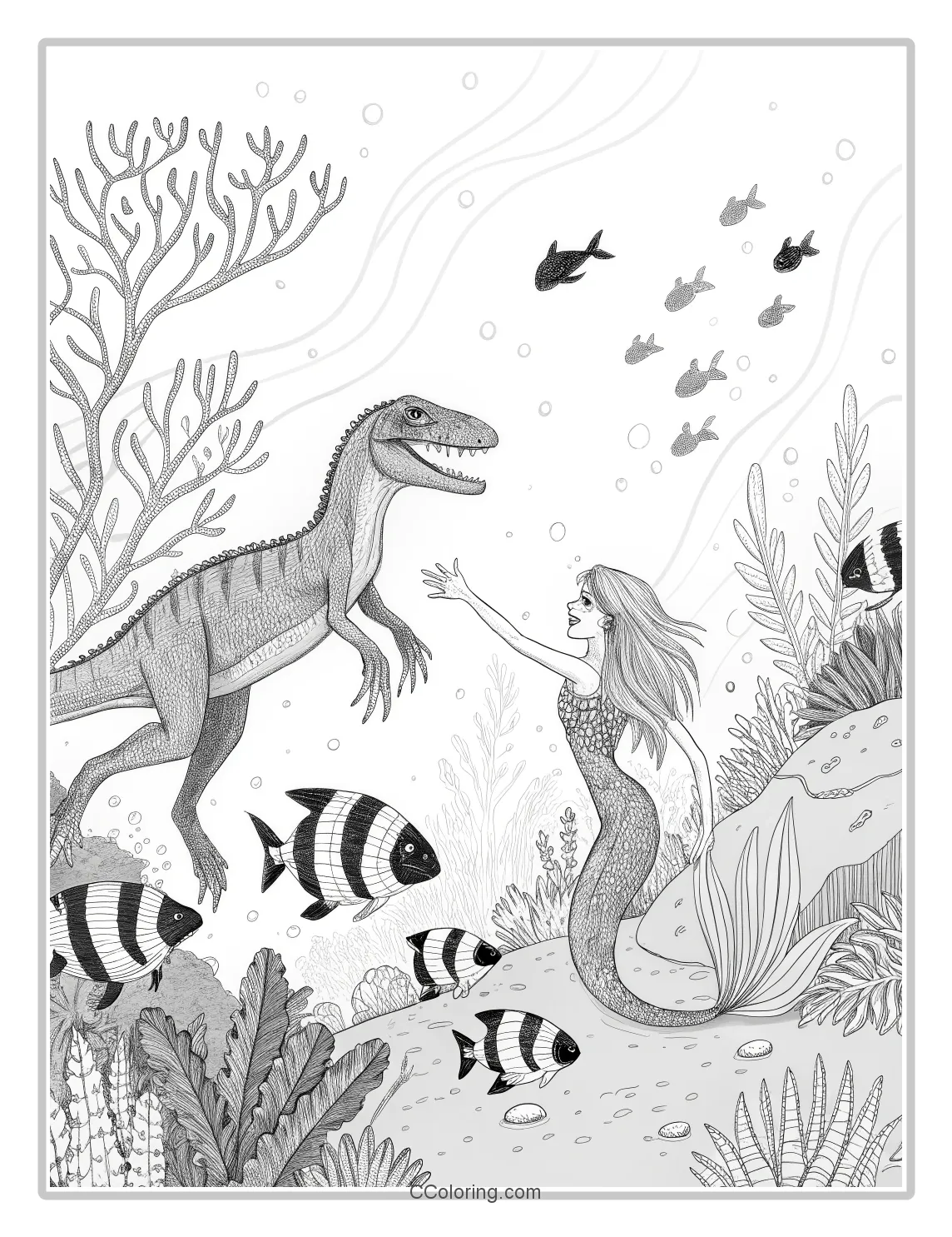 a Velociraptor and a beautiful mermaid with a shimmering tail